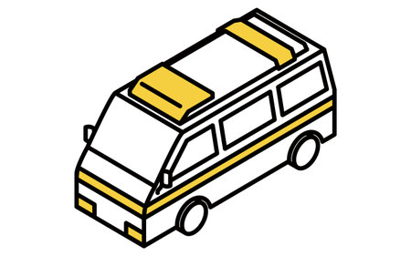 Isometric line art of a rotary with bus stop, parked bus and taxi in minimal urban cityscape, Vector Illustrationのイラスト素材