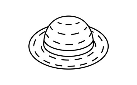 Isometric line art illustration of a straw hat, simple summer fashion icon, black and white, Vector Illustrationのイラスト素材