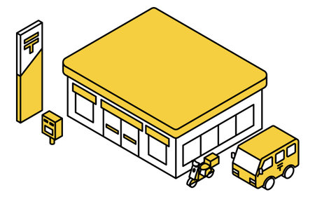 Isometric line art illustration of a post office, mailbox, and delivery vehicles including postal truck and motorcycle, Vector Illustrationのイラスト素材