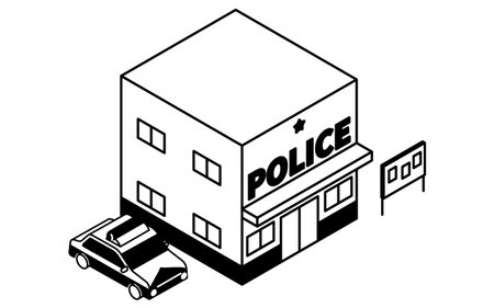Isometric line art illustration of a police box and patrol car in a simple and minimal design, black and white, Vector Illustrationのイラスト素材