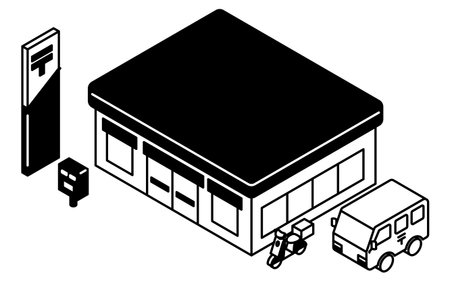 Isometric line art illustration of a post office, mailbox, and delivery vehicles including postal truck and motorcycle, black and white, Vector Illustrationのイラスト素材