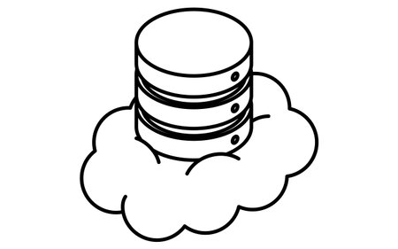 Cloud-based data server isometric line icon with stacked cylindrical database shape and cloud element, black and white, Vector Illustrationのイラスト素材