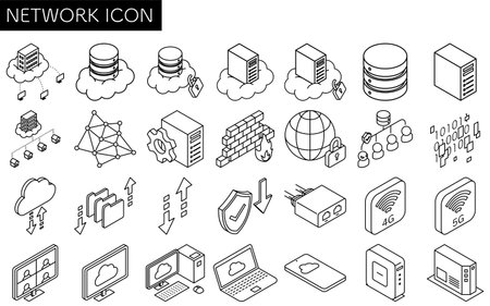 Network-related isometric line icons set of 28 items including cloud computing, data server, router, remote meeting, security, devices, and internet connection, black and white, Vector Illustrationのイラスト素材