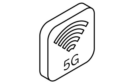 5G mobile network communication isometric line icon with antenna tower and high-speed waves, black...