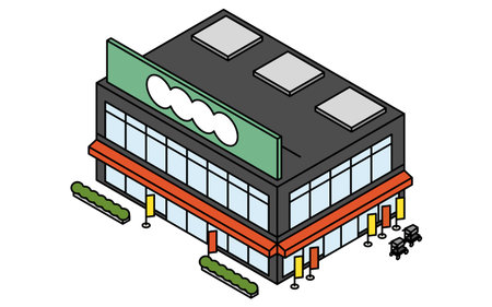 Image of a two-story supermarket or drugstore, isometric illustration with simple line drawings, Vector Illustrationのイラスト素材