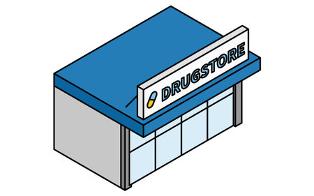 Isometric line art illustration of a simple drugstore building with signage and entrance, pharmacy architecture from a street view, Vector Illustrationのイラスト素材