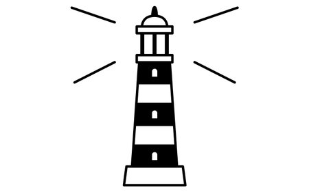 line art illustration of a lighthouse by the sea, simple summer coastal icon, black and white, Vector Illustrationのイラスト素材