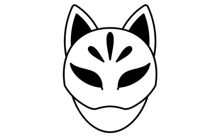 line art illustration of a child wearing a fox mask, simple summer festival icon, black and white, Vector Illustrationのイラスト素材