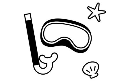 line art illustration of snorkel and diving mask, simple summer marine sports gear, black and white, Vector Illustrationのイラスト素材