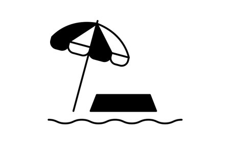 line art illustration of a beach parasol and beach chair on the shoreline in summer, simple seaside vacation scene with ocean waves, black and white, Vector Illustrationのイラスト素材