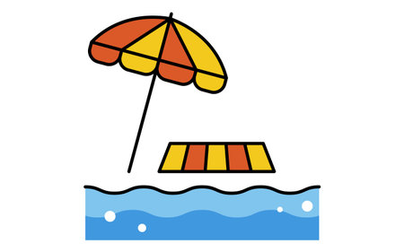 line art illustration of a beach parasol and beach chair on the shoreline in summer, simple seaside vacation scene with ocean waves, black and white, Vector Illustrationのイラスト素材