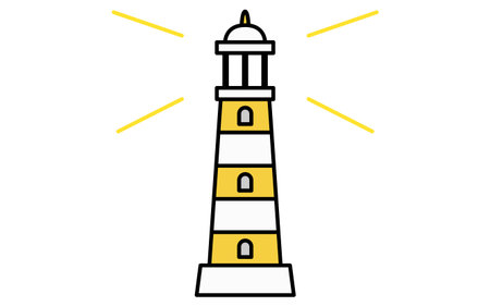 line art illustration of a lighthouse by the sea, simple summer coastal icon, black and white, Vector Illustrationのイラスト素材