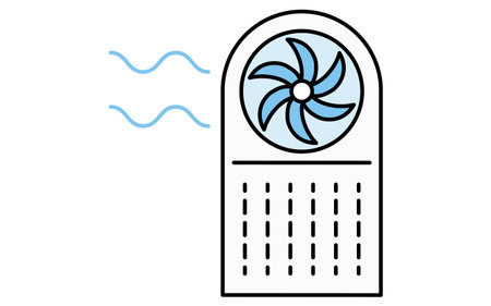 line art illustration of a handheld fan, simple summer cooling device icon, black and white, Vector Illustrationのイラスト素材
