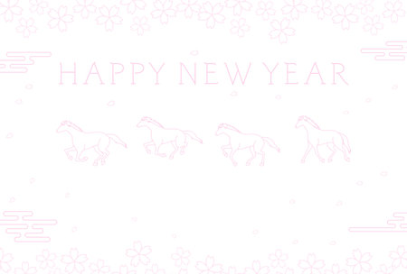 Japanese style New Year's card for the year of the horse 2026, cherry blossom frame and horses in motion, Vector Illustrationのイラスト素材