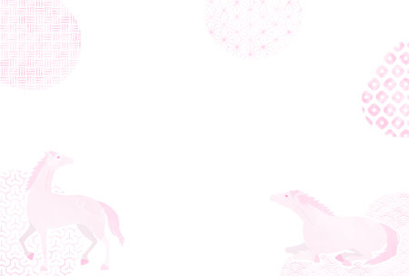 Japanese-style New Year's card for the year of the horse 2026, pink Japanese pattern and watercolor style horse, Vector Illustrationのイラスト素材
