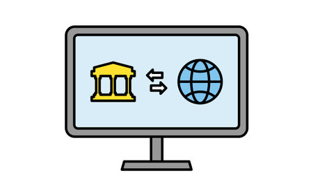 Screen showing foreign currency transfer in internet banking simple line drawing icon, illustration of global finance, Vector Illustrationのイラスト素材