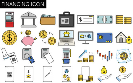 Financial icon set of 28 items, simple line drawing icon, illustration of money, banking, investment, cashless payment, digital finance and savings, Vector Illustrationのイラスト素材