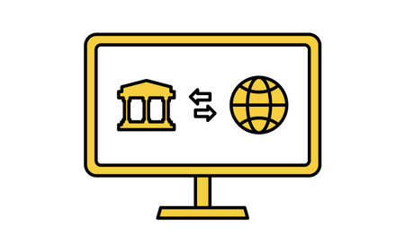 Screen showing foreign currency transfer in internet banking simple line drawing icon, illustration of global finance, Vector Illustrationのイラスト素材