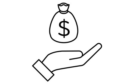 Hand holding dollar bag simple line drawing icon, illustration of wealth, finance and cash management, black and white, Vector Illustrationのイラスト素材