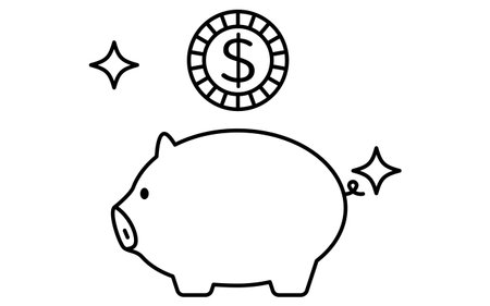 Piggy bank and dollar coin simple line drawing icon, illustration of saving and personal finance, black and white, Vector Illustrationのイラスト素材