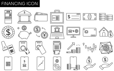 Financial icon set of 28 items, simple line drawing icon, illustration of money, banking, investment, cashless payment, digital finance and savings, black and white, Vector Illustrationのイラスト素材
