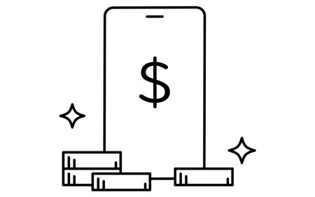Fintech icon of smartphone receiving dividend payment as passive income from investment, black and white, Vector Illustrationのイラスト素材