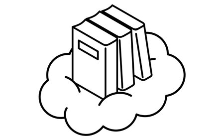 Online learning cloud with book data isometric simple line icon, black and white, Vector Illustrationのイラスト素材