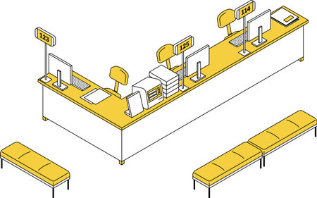 Simple line drawing isometric illustration of a reception counter and waiting bench with ticketing machine and call number display system, Vector Illustrationのイラスト素材