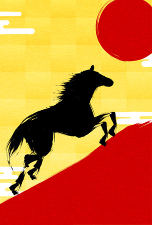 2026 Year of the Horse New Year's Card: A brush-painted horse galloping toward the sunrise and the silhouette of Mount Fuji in red, Vector Illustrationのイラスト素材