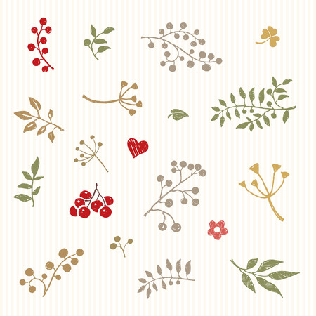 A gentle vintage vignette of flowers, berries, leaves, twigs and birds. Vetor illustrationのイラスト素材