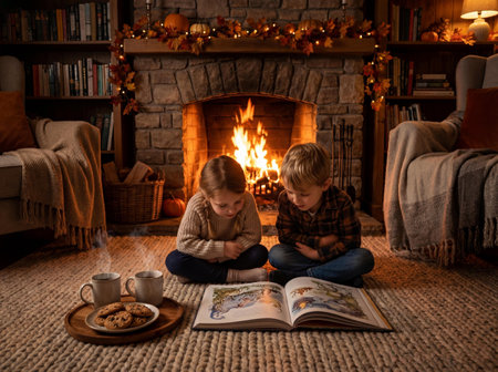 A boy and girl read a storybook by a glowing fireplace, with mugs of cocoa and cookies nearby, capturing a cozy winter evening atmosphere.の素材
