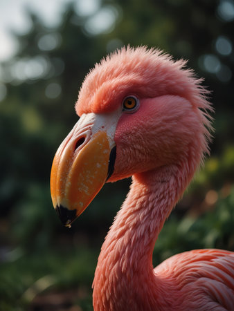 A detailed close-up of a pink flamingo, captured with soft natural lighting. The image highlights the vibrant plumage, curved beak, and intense gaze of the bird, with a blurred green background for contrast.の素材