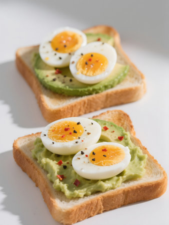 Two toasts layered with mashed avocado, avocado slices, and halved soft-boiled eggs, sprinkled with spices, styled on a white background with direct light shadows.の素材