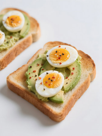 wo slices of toasted white bread topped with mashed avocado and halved boiled eggs, sprinkled with chili flakes and black pepper, placed on a clean white surface under natural light.の素材