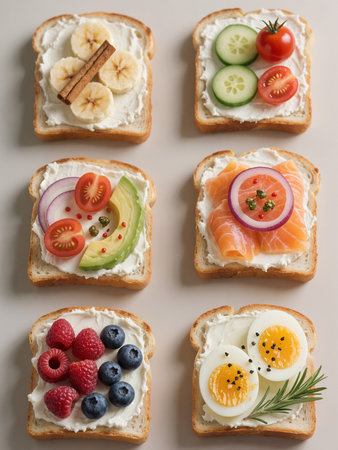 A close-up top-down view of six white bread slices with cream cheese, featuring artistic arrangements of banana with cinnamon, cucumber, tomatoes, onion, avocado, smoked salmon, berries, and sliced boiled eggs.の素材