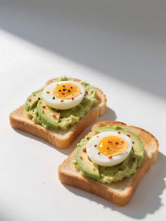 Crispy toast covered with mashed avocado and two halved soft-boiled eggs seasoned with black pepper and red flakes, styled for a fresh, healthy breakfast scene.の素材