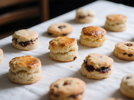 Assorted scones with fruit jam fillings arranged on a light fabric, photographed in natural light for a cozy, inviting look.の素材
