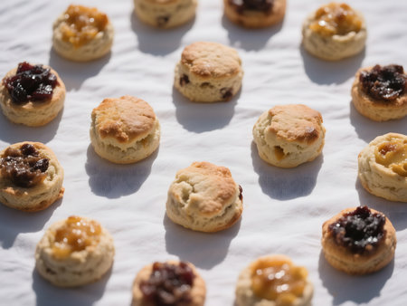 Flat lay of various scones with jam on a white textured cloth, showcasing golden crusts and fruity fillings in natural daylight.の素材