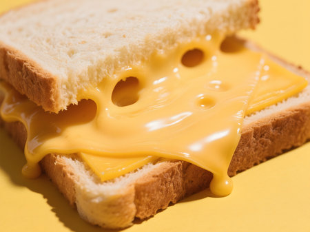 Melting cheese oozes from a grilled sandwich with slices of cheddar between two golden toasted pieces of white bread on a yellow backdrop.の素材