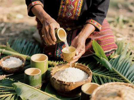 Close-up of an elder Dayak womanâs hands pouring tuak rice wine into a small golden cup, surrounded by bamboo cups and baskets of white rice on banana leaves.の素材