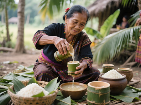 An elderly Dayak woman in traditional attire is seen pouring tuak rice wine into a bamboo cup during the Gawai Dayak festival. She is seated on the ground surrounded by woven baskets of steamed rice and bamboo containers in a lush rural setting.の素材
