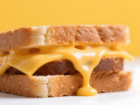 Macro shot of a grilled cheese sandwich with golden cheddar cheese melting between two toasted slices of bread, set against a soft yellow background.の素材