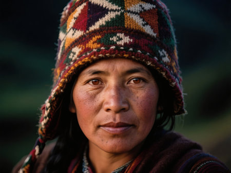 Close-up portrait of an Andean woman wearing a colorful hand-knitted hat with geometric patterns. Her expression is calm and dignified, with detailed textures of her skin and clothing visible in soft natural light.の素材