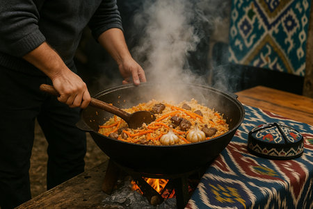 A man in traditional attire is preparing Uzbek plov in a large cast-iron cauldron over an open wood fire, surrounded by steam and vibrant cultural patterns in the background.の素材