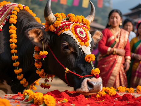 A decorated cow bows its head over a pile of red powder (tika) in a ceremonial act during Nepalâs Gai Tihar celebration. Adorned with marigolds and intricate patterns, the cow is revered by local women in traditional attire.の素材