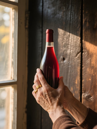 Elderly hands gently lift a red wine bottle beside a vintage window. The scene is softly lit by the afternoon sun, highlighting aged textures and the clear ruby hue of the wine, evoking warmth and tradition.の素材