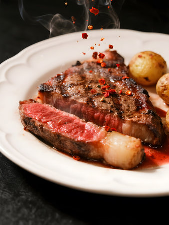Hot grilled steak sits on a rustic tray, with crispy potatoes and spices flying above, immersed in rising smoke and highlighted with deep contrast and rich flavor tones.の素材