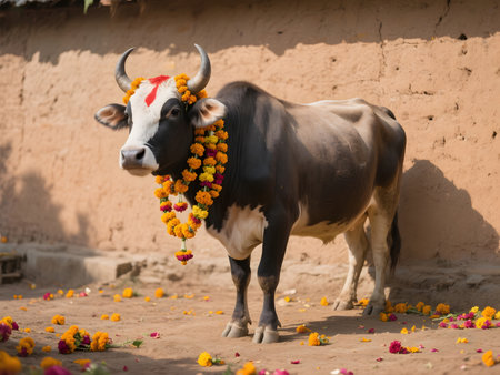 A sacred black and white cow is decorated with bright orange marigold garlands and a red tika during the Gai Tihar festival in Nepal. Earthy textures and fallen petals enhance the festive village mood.の素材