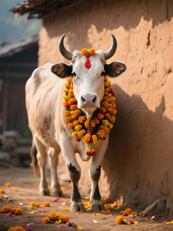 A sacred cow adorned with marigold flower garlands and a red tika on its forehead stands near a clay wall during Gai Tihar in Nepal. The soft sunlight and scattered petals create a festive rural atmosphere.の素材