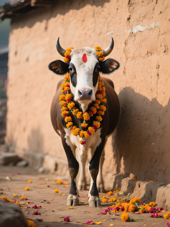 A sacred cow with brown and white markings, wearing marigold garlands and a red tika, stands serenely during the Gai Tihar celebration in a rural Nepali village.の素材